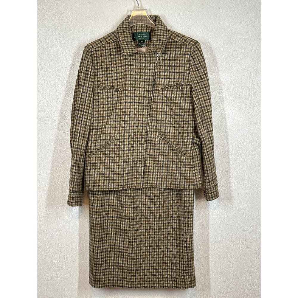 VTG Lauren Ralph Lauren Wool Skirt Jacket 8/10 Brown Houndstooth Plaid Classic